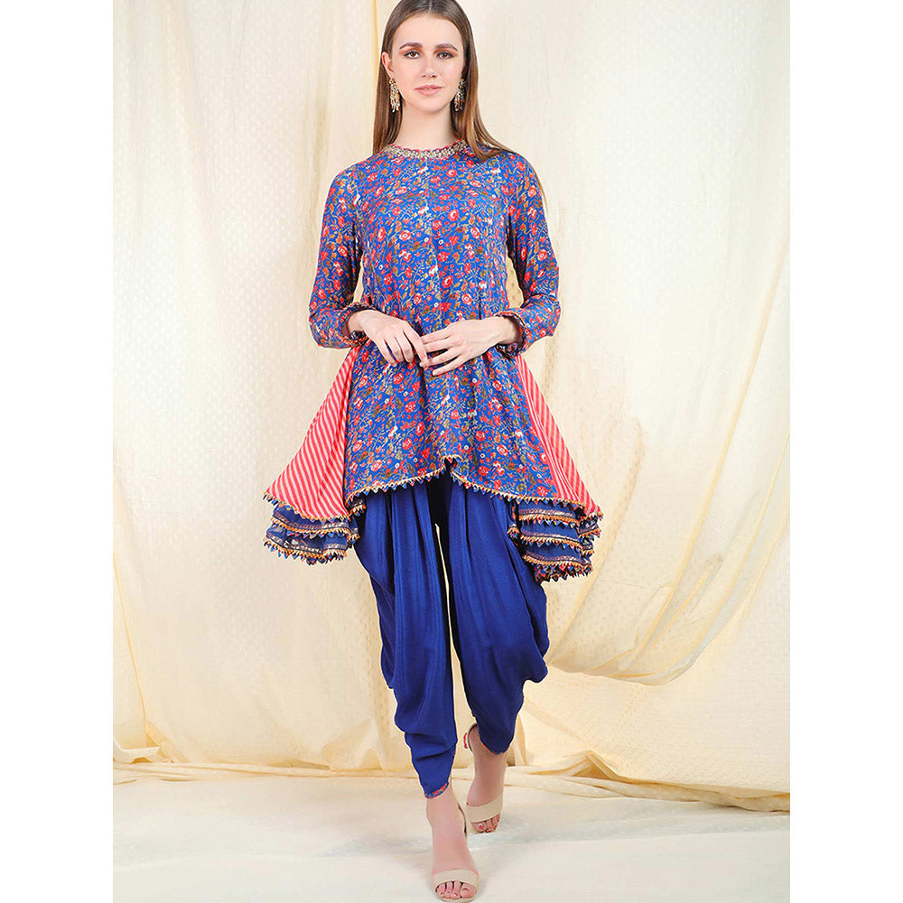 Nikasha Blue Floral Printed Long Sleeves Tunic With Dhoti Pant (Set of 2)