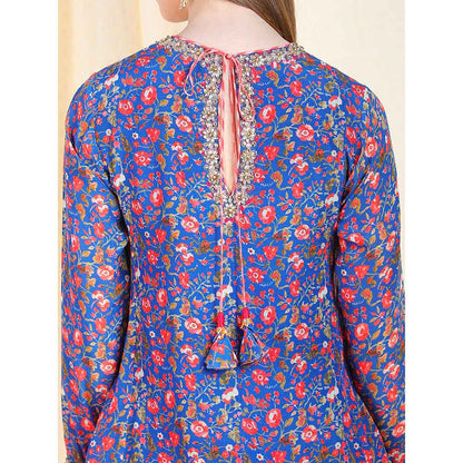 Nikasha Blue Floral Printed Long Sleeves Tunic With Dhoti Pant (Set of 2)