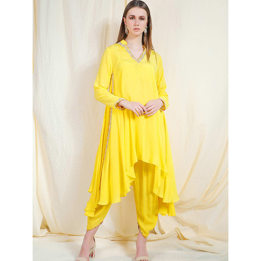 Nikasha Yellow Embellished Long Sleeves Tunic With Dhoti Pant (Set of 2)