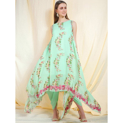Nikasha Sea Green Floral Printed Sleeveless Kurta With Dhoti Pant (Set of 2)