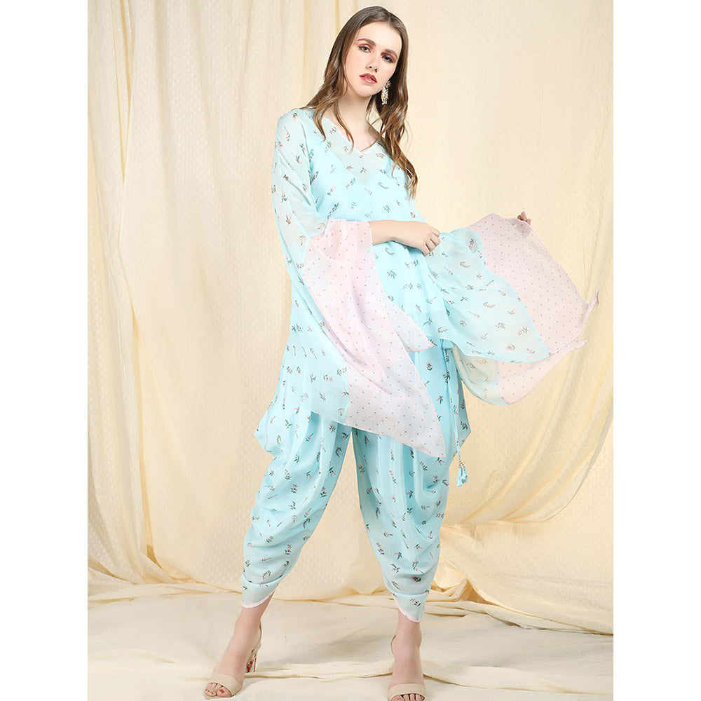 Nikasha Sky Blue Printed Flared Sleeves Kaftan With Dhoti Pant (Set of 2)