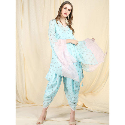 Nikasha Sky Blue Printed Flared Sleeves Kaftan With Dhoti Pant (Set of 2)