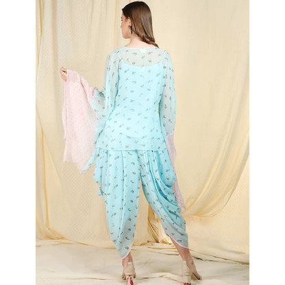 Nikasha Sky Blue Printed Flared Sleeves Kaftan With Dhoti Pant (Set of 2)