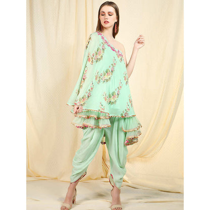 Nikasha Sea Green Embellished One Shoulder Tunic With Dhoti Pant (Set of 2)