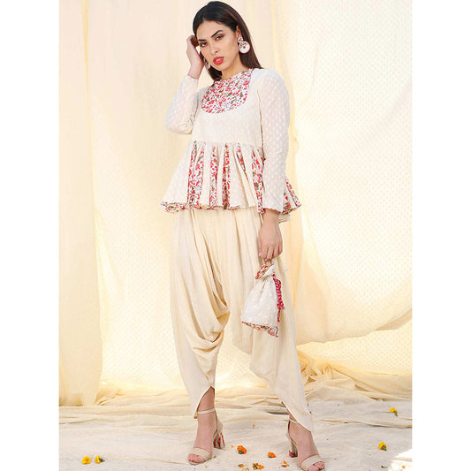 Nikasha Ivory Floral Printed Long Sleeves Tunic With Dhoti Pant (Set of 2)