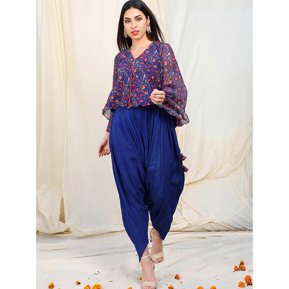 Nikasha Blue Floral Printed Flared Sleeves Tunic With Dhoti Pant (Set of 2)