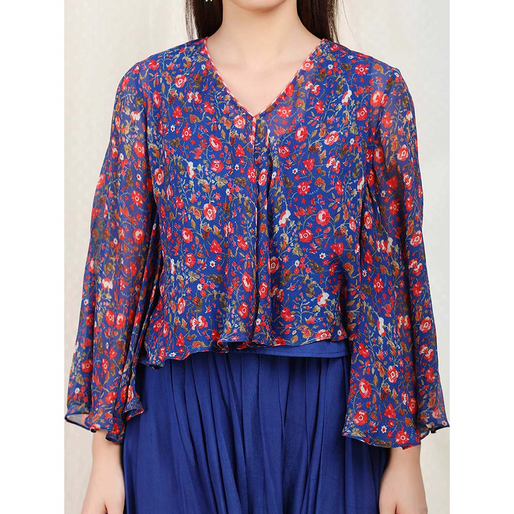 Nikasha Blue Floral Printed Flared Sleeves Tunic With Dhoti Pant (Set of 2)