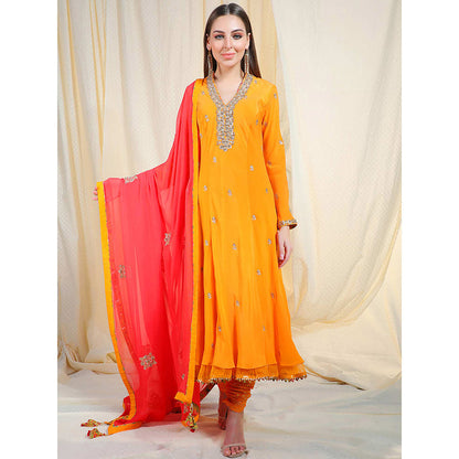 Nikasha Orange Embellished Long Sleeves Kurta And Churidar With Dupatta (Set of 3)