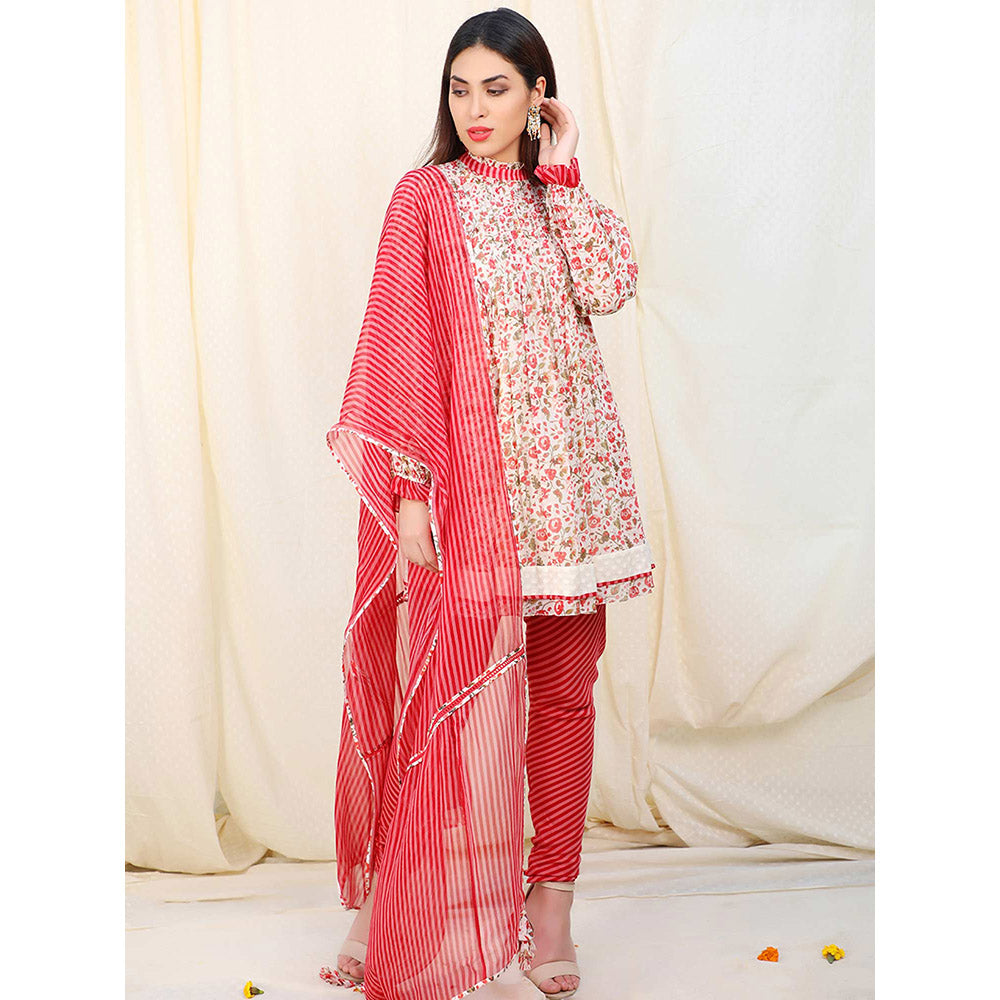 Nikasha Red Floral Printed Long Sleeves Kurta And Churidar With Dupatta (Set of 3)