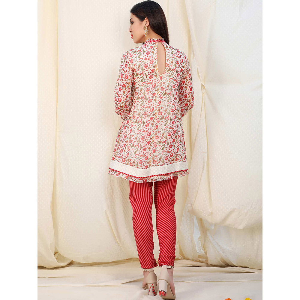 Nikasha Red Floral Printed Long Sleeves Kurta And Churidar With Dupatta (Set of 3)