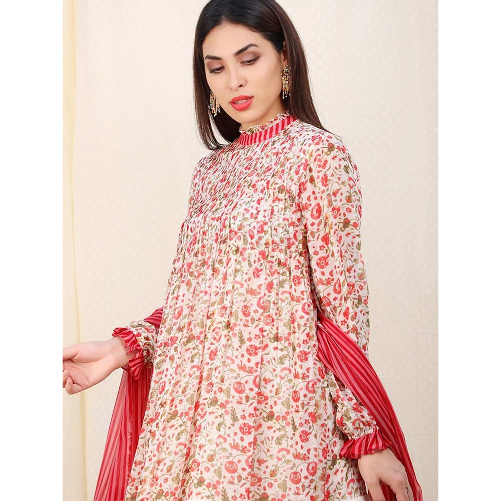 Nikasha Red Floral Printed Long Sleeves Kurta And Churidar With Dupatta (Set of 3)