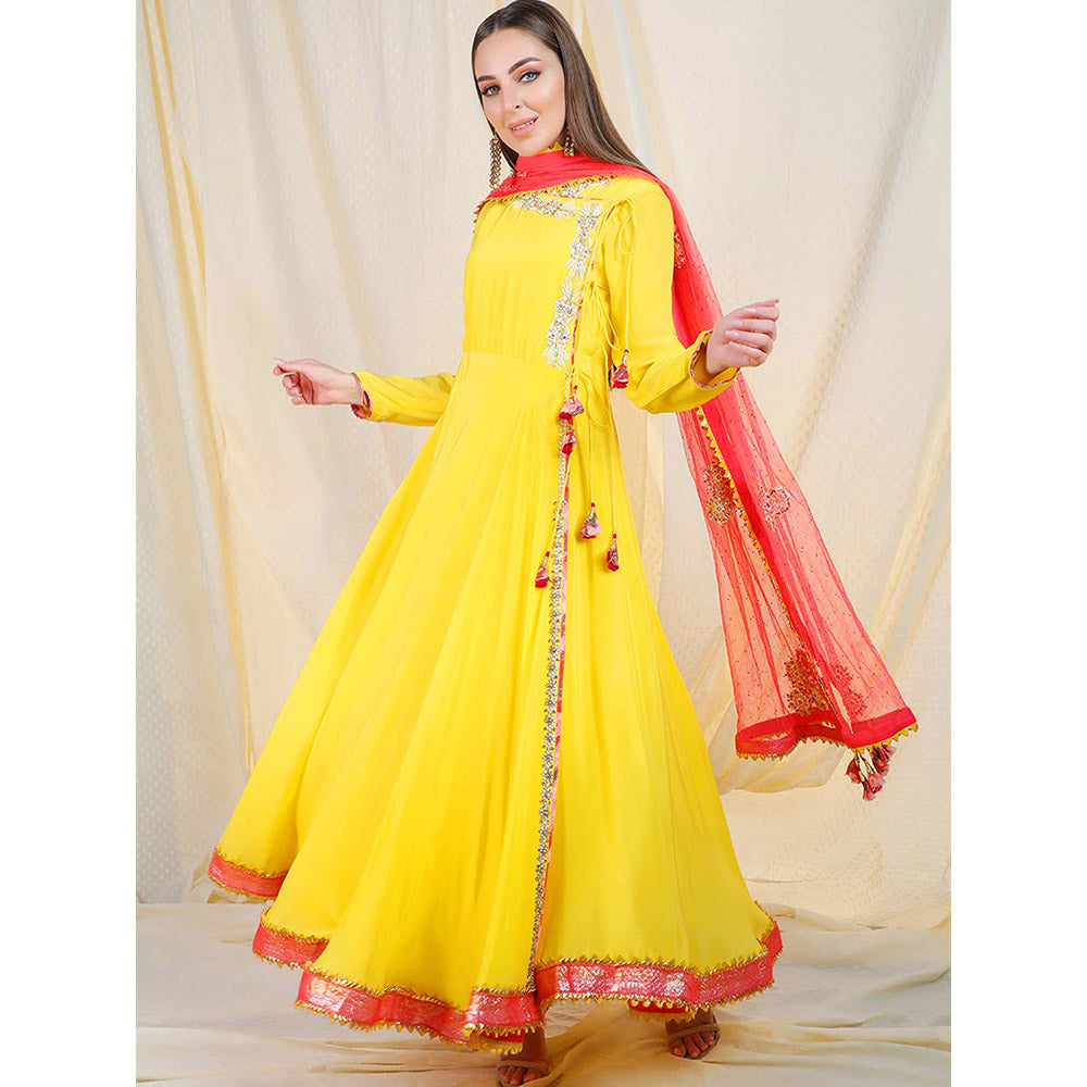 Nikasha Yellow Embellished Long Sleeves Angarkha And Churidar With Pant (Set of 3)
