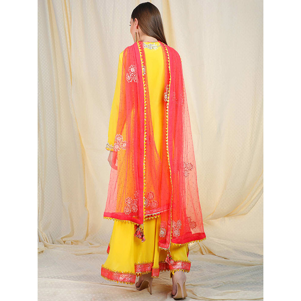 Nikasha Yellow Embellished Long Sleeves Angarkha And Churidar With Pant (Set of 3)
