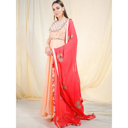 Nikasha Peach Embellished Long Sleeves Kurta And Churidar With Dupatta (Set of 3)