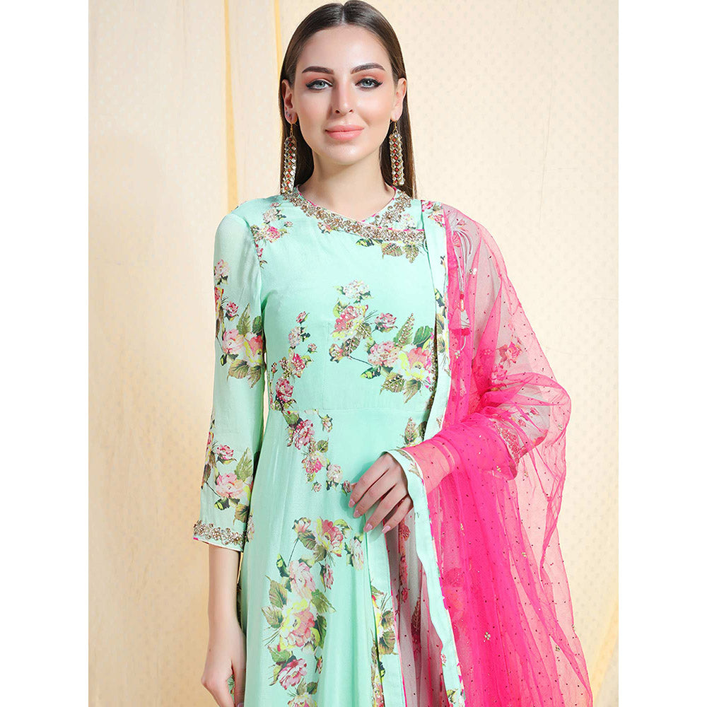 Nikasha Sea Green Embellished 3/4th Sleeves Angarkha And Churidar With Pant (Set of 3)