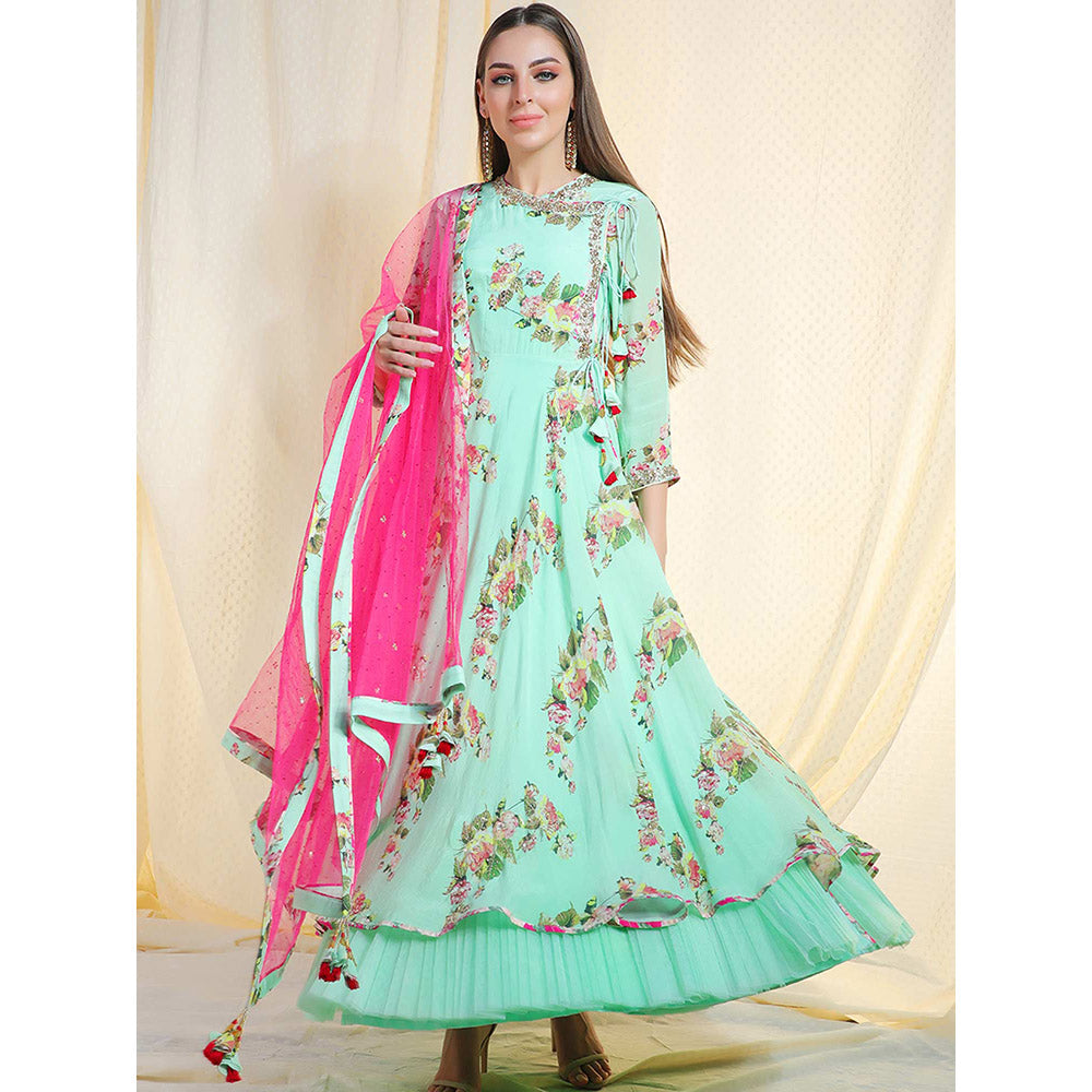 Nikasha Sea Green Embellished 3/4th Sleeves Angarkha And Churidar With Pant (Set of 3)