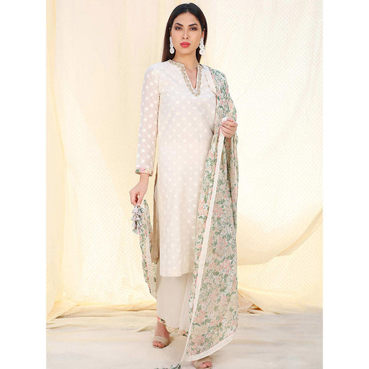 Nikasha White Embellished Long Sleeves Kurta And Palazzo With Dupatta (Set of 3)