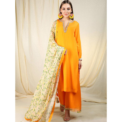Nikasha Orange Embellished Long Sleeves Kurta And Palazzo With Dupatta (Set of 3)