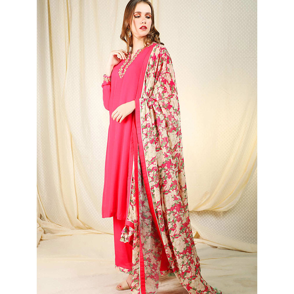 Nikasha Fuchsia Embellished Long Sleeves Kurta And Palazzo With Dupatta (Set of 3)