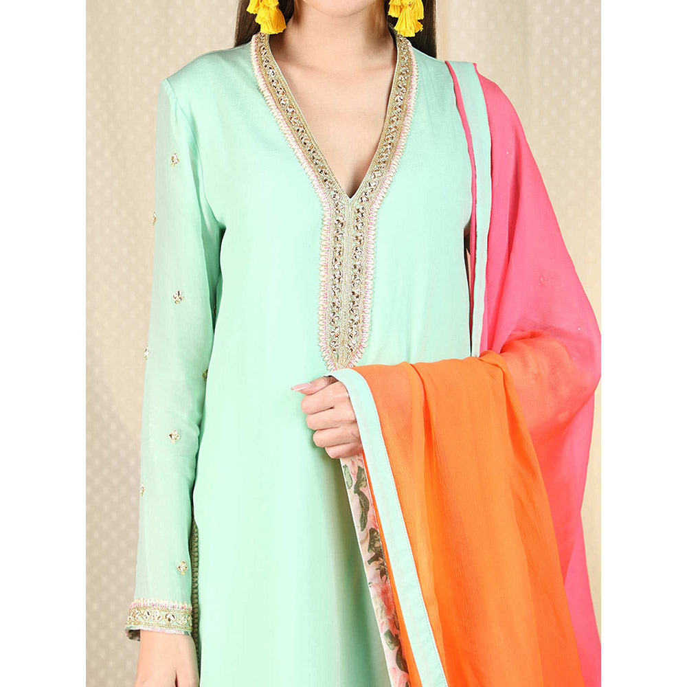 Nikasha Sea Green Embellished Long Sleeves Kurta And Palazzo With Dupatta (Set of 3)