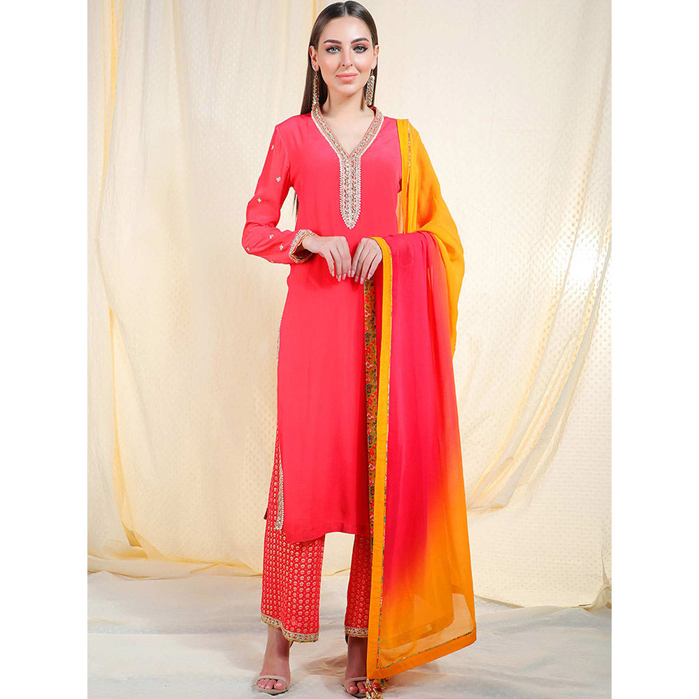 Nikasha Coral Embellished Long Sleeves Kurta And Palazzo With Dupatta (Set of 3)