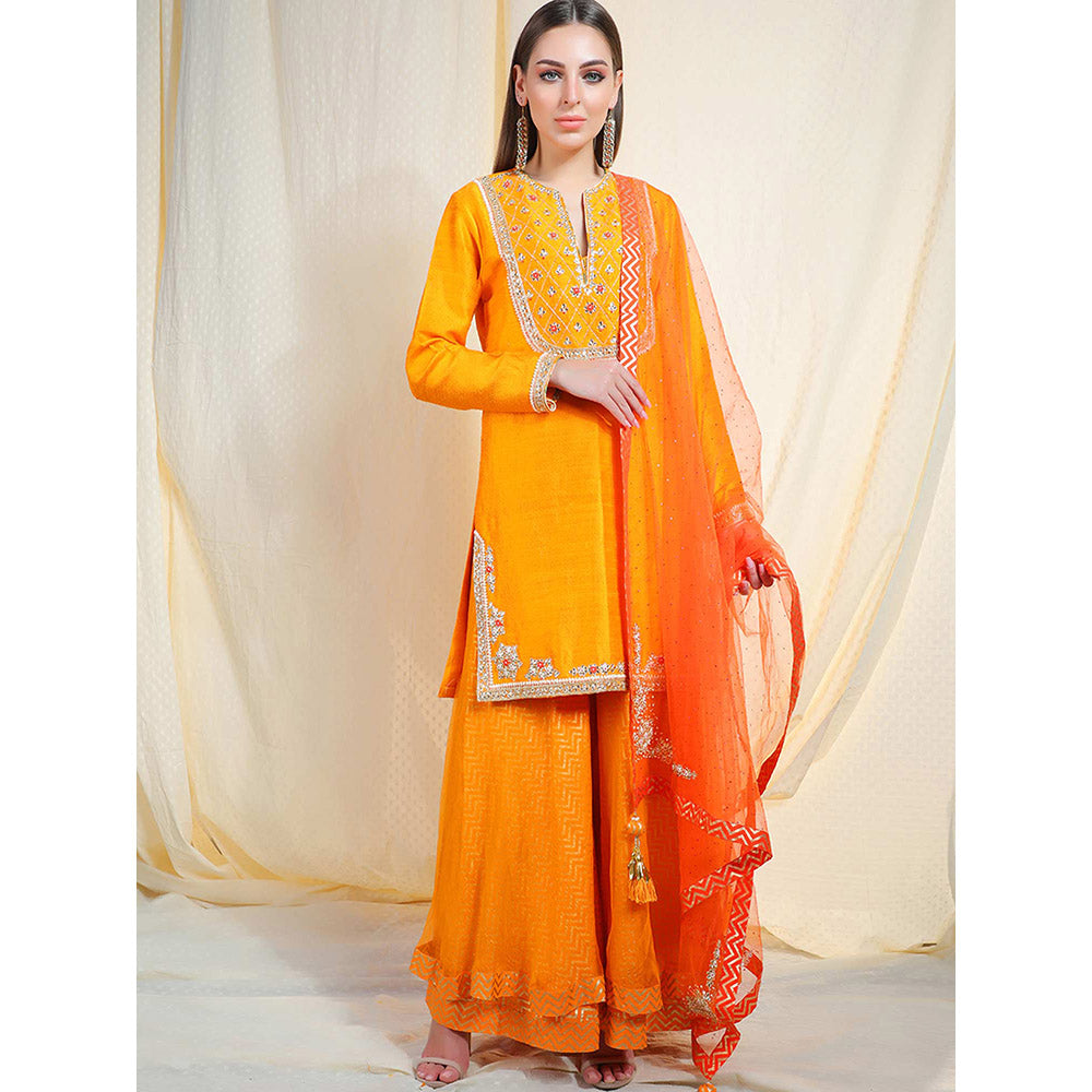 Nikasha Orange Embellished Long Sleeves Kurta And Sharara With Dupatta (Set of 3)