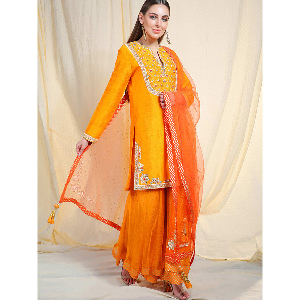 Nikasha Orange Embellished Long Sleeves Kurta And Sharara With Dupatta (Set of 3)