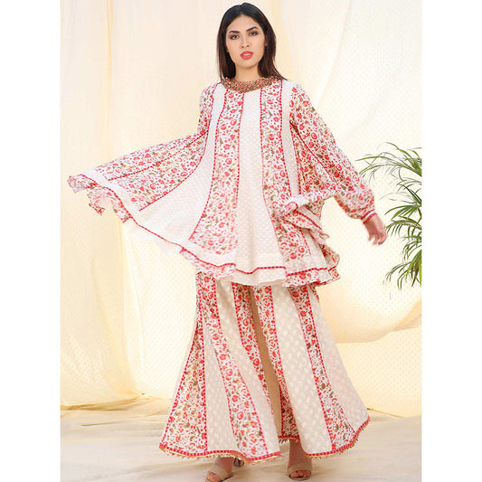Nikasha Ivory Floral Printed Balloon Sleeves Kurta And Sharara With Dupatta (Set of 3)