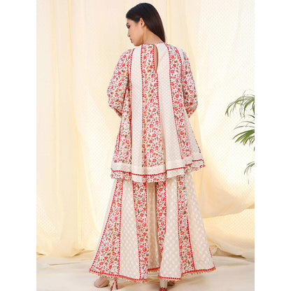 Nikasha Ivory Floral Printed Balloon Sleeves Kurta And Sharara With Dupatta (Set of 3)