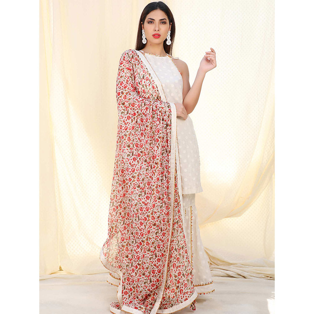 Nikasha Off White Patterned Sleeveless Kurta And Sharara With Dupatta (Set of 3)
