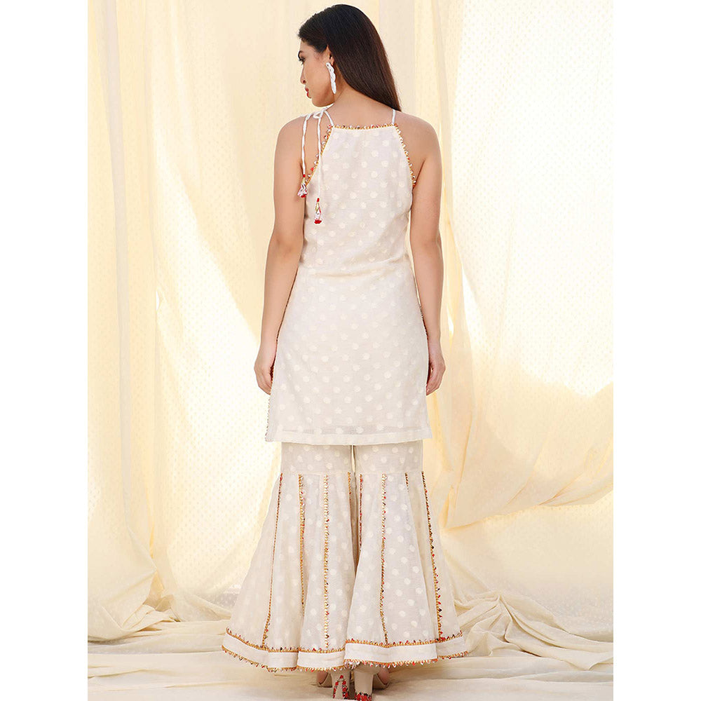 Nikasha Off White Patterned Sleeveless Kurta And Sharara With Dupatta (Set of 3)