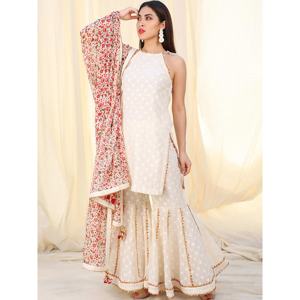 Nikasha Off White Patterned Sleeveless Kurta And Sharara With Dupatta (Set of 3)