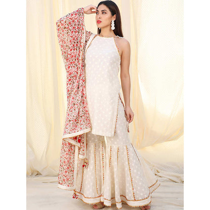 Nikasha Off White Patterned Sleeveless Kurta And Sharara With Dupatta (Set of 3)