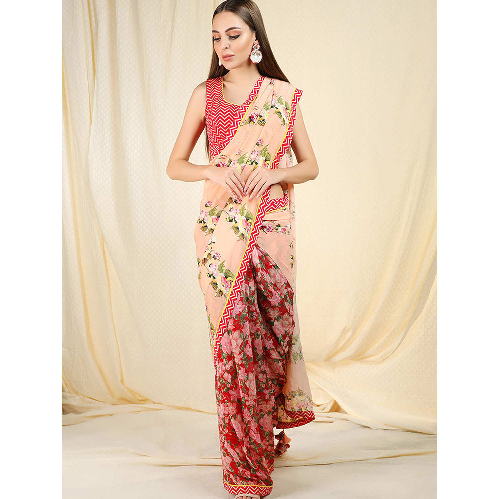 Nikasha Peach Floral Printed Pre-draped Saree With Stitched Blouse