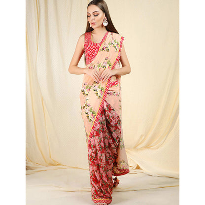 Nikasha Peach Floral Printed Pre-draped Saree With Stitched Blouse