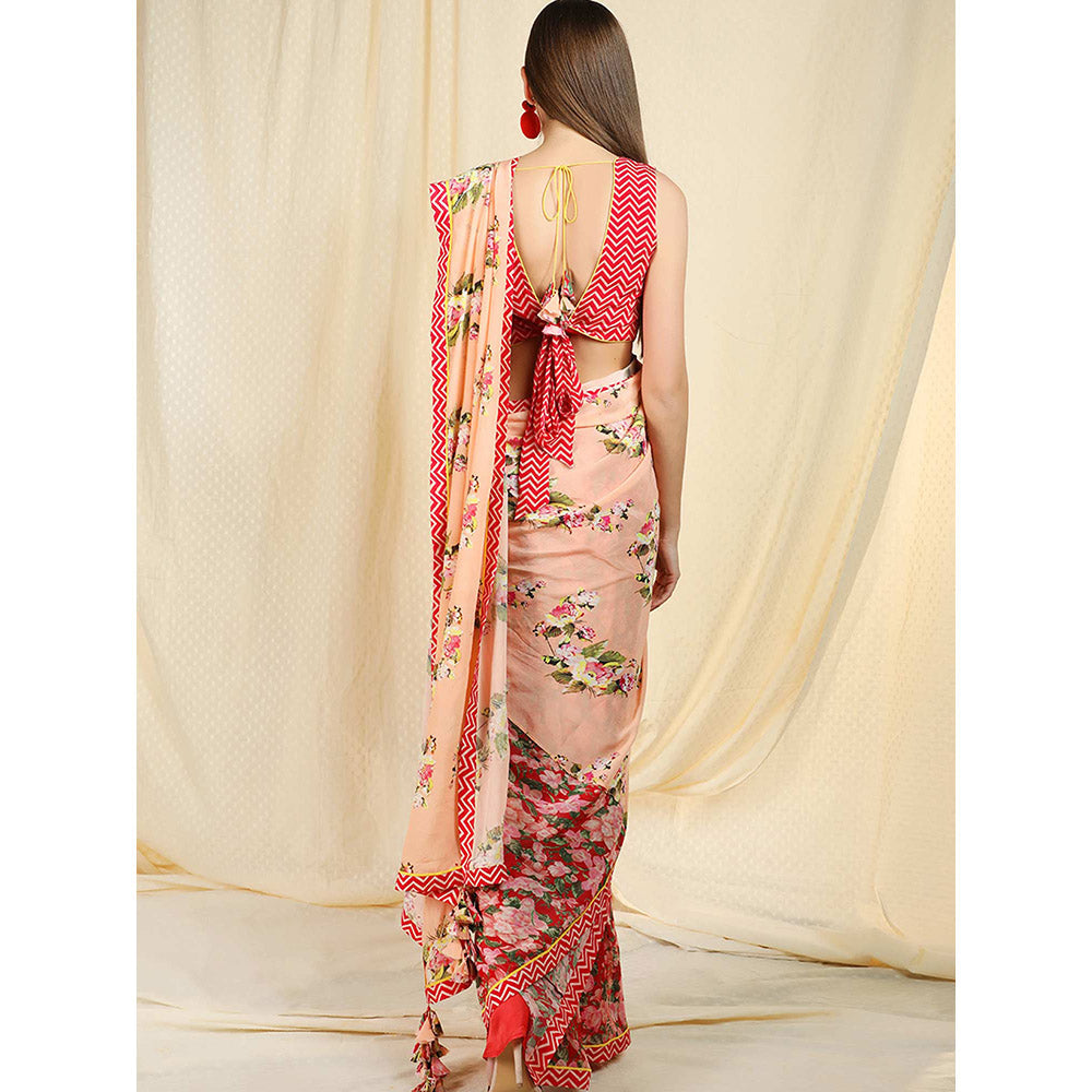 Nikasha Peach Floral Printed Pre-draped Saree With Stitched Blouse