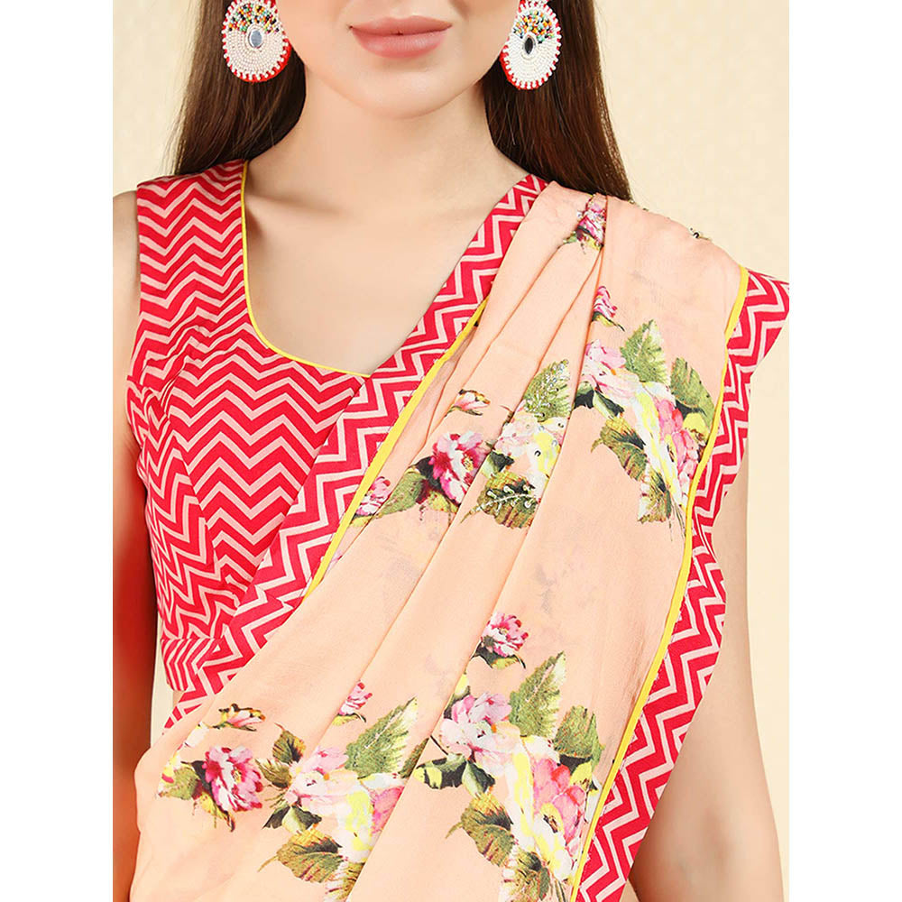 Nikasha Peach Floral Printed Pre-draped Saree With Stitched Blouse