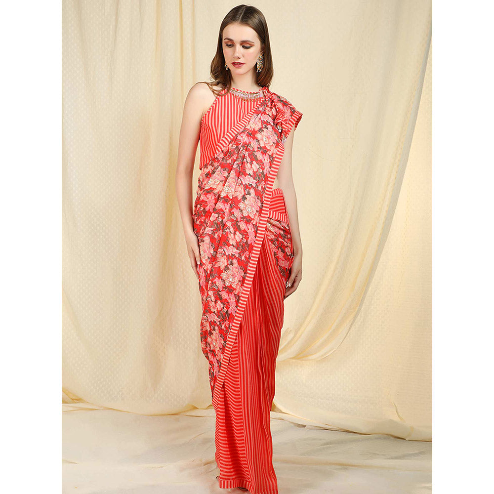 Nikasha Coral Stripes Printed Pre-draped Saree With Stitched Blouse