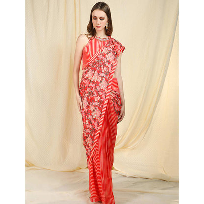 Nikasha Coral Stripes Printed Pre-draped Saree With Stitched Blouse