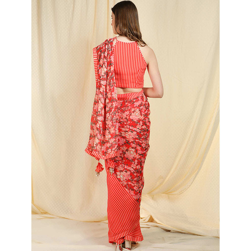 Nikasha Coral Stripes Printed Pre-draped Saree With Stitched Blouse