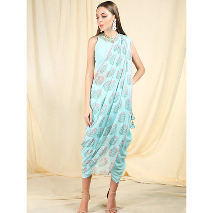 Nikasha Sky Blue Floral Printed Dhoti Saree With Stitched Blouse