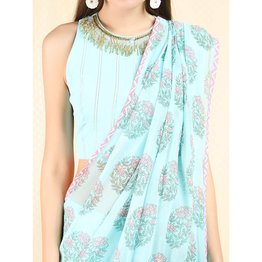 Nikasha Sky Blue Floral Printed Dhoti Saree With Stitched Blouse