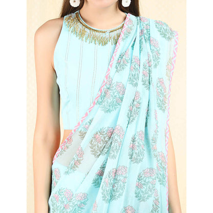 Nikasha Sky Blue Floral Printed Dhoti Saree With Stitched Blouse