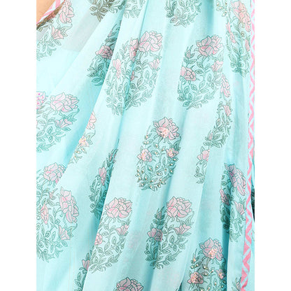 Nikasha Sky Blue Floral Printed Dhoti Saree With Stitched Blouse