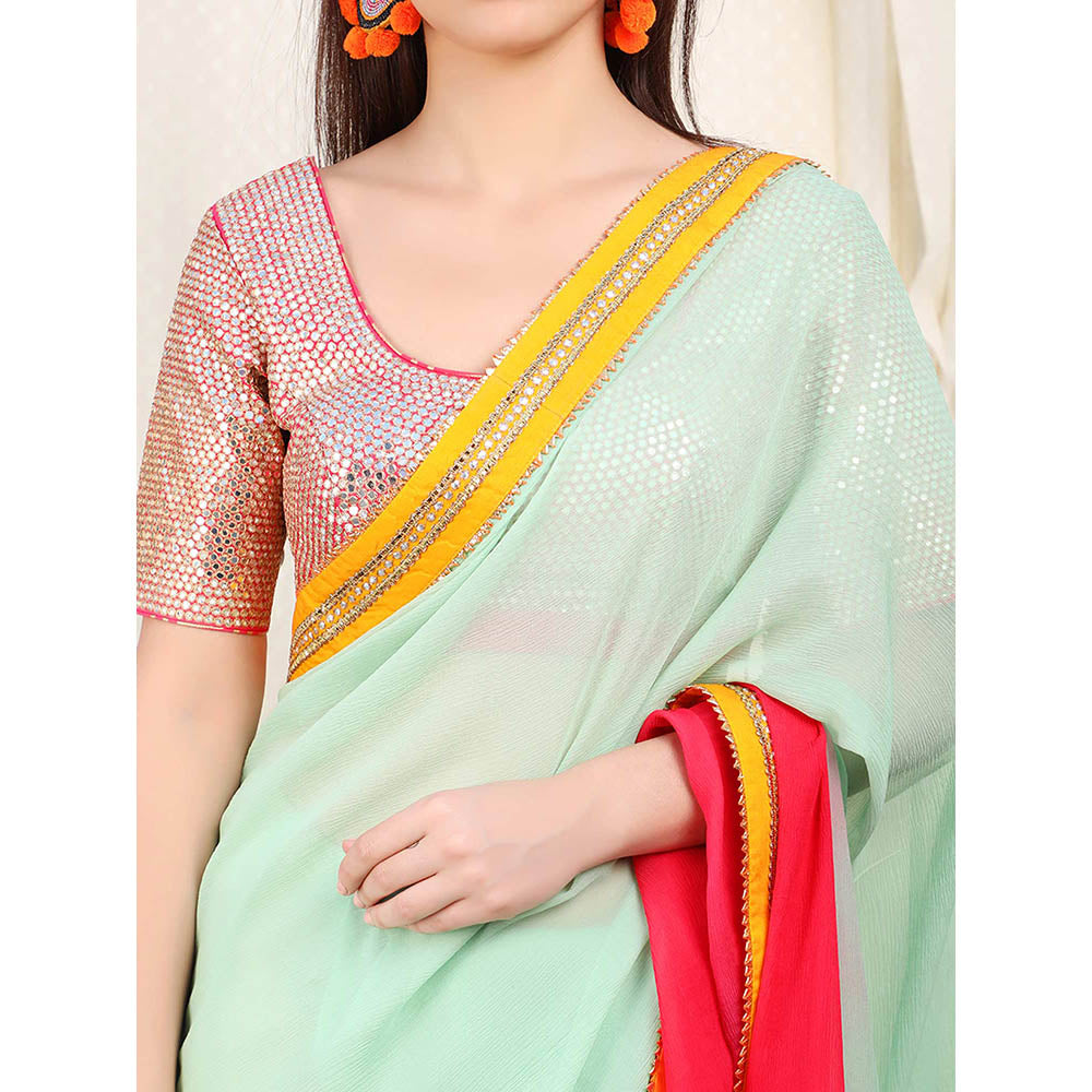 Nikasha Sea Green Mirror Work Embellished Saree With Stitched Blouse