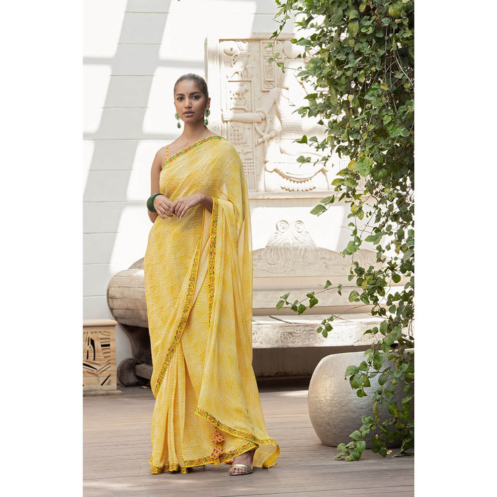 Nikasha Yellow Printed Saree With Stitched Blouse
