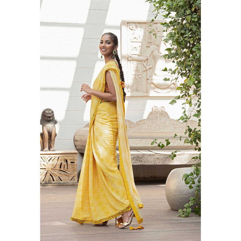 Nikasha Yellow Printed Saree With Stitched Blouse