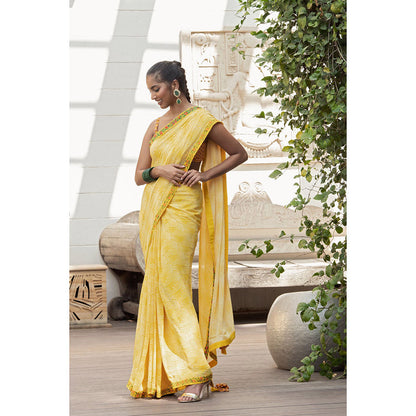 Nikasha Yellow Printed Saree With Stitched Blouse