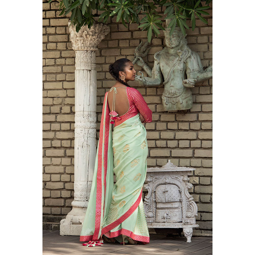 Nikasha Green Floral Saree With Stitched Blouse