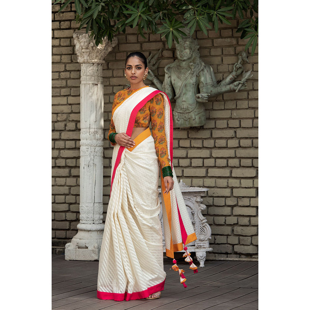Nikasha White Woven Saree With Stitched Blouse